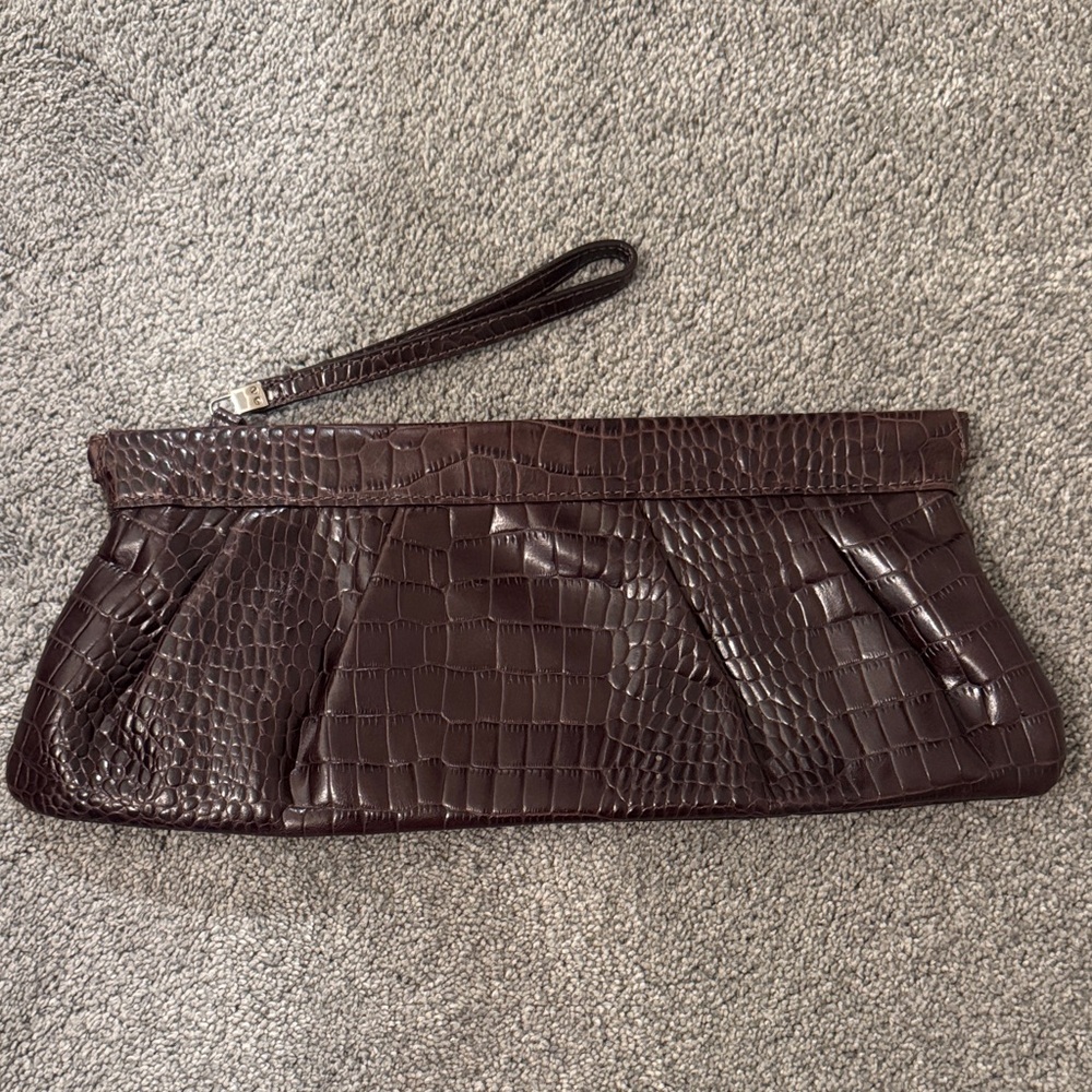 Alfani Leather Elegant Brown Crocodile-Embossed Clutch